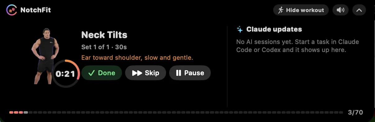 NotchFit's expanded MacBook notch panel: a Neck Tilts set with an athlete animation, a 0:21 countdown ring and Done, Skip and Pause buttons on the left, and a Claude updates column on the right
