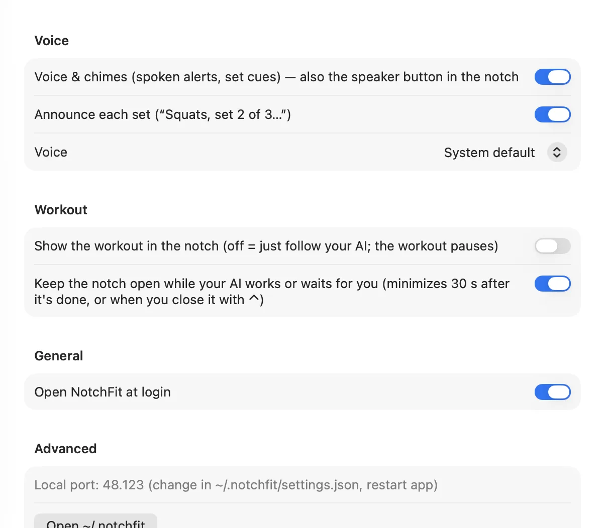 NotchFit settings: voice and chimes toggle, announce each set, voice picker, show the workout in the notch, keep the notch open while your AI works, open at login, and the local port setting