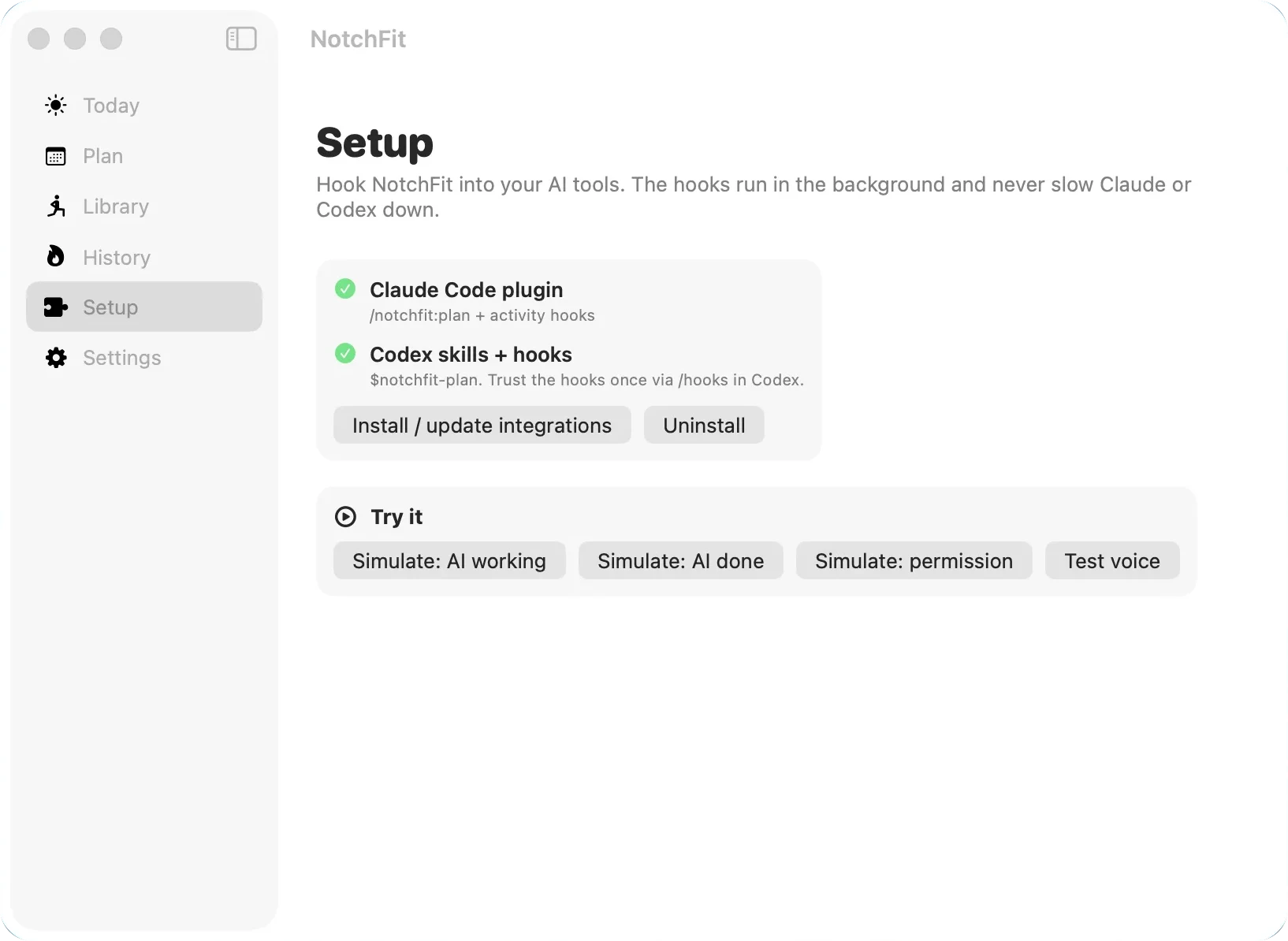 NotchFit Setup screen showing the Claude Code plugin (/notchfit:plan plus activity hooks) and Codex skills and hooks installed, with buttons to simulate AI working, AI done, a permission request and a voice test